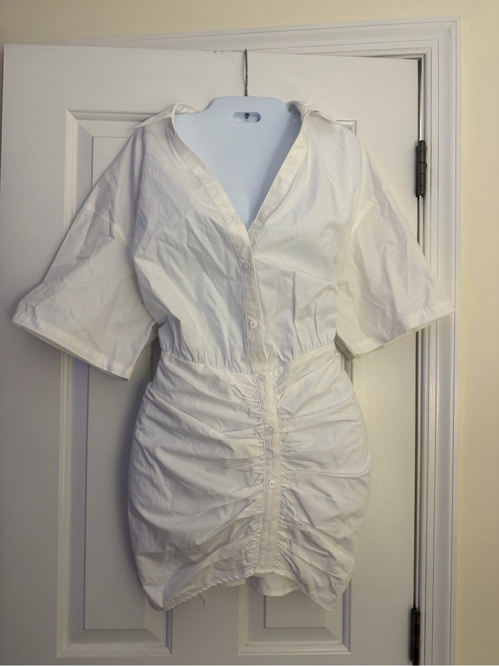 KBB White Cotton Ruched Button Front Shirt Dress M NWOT